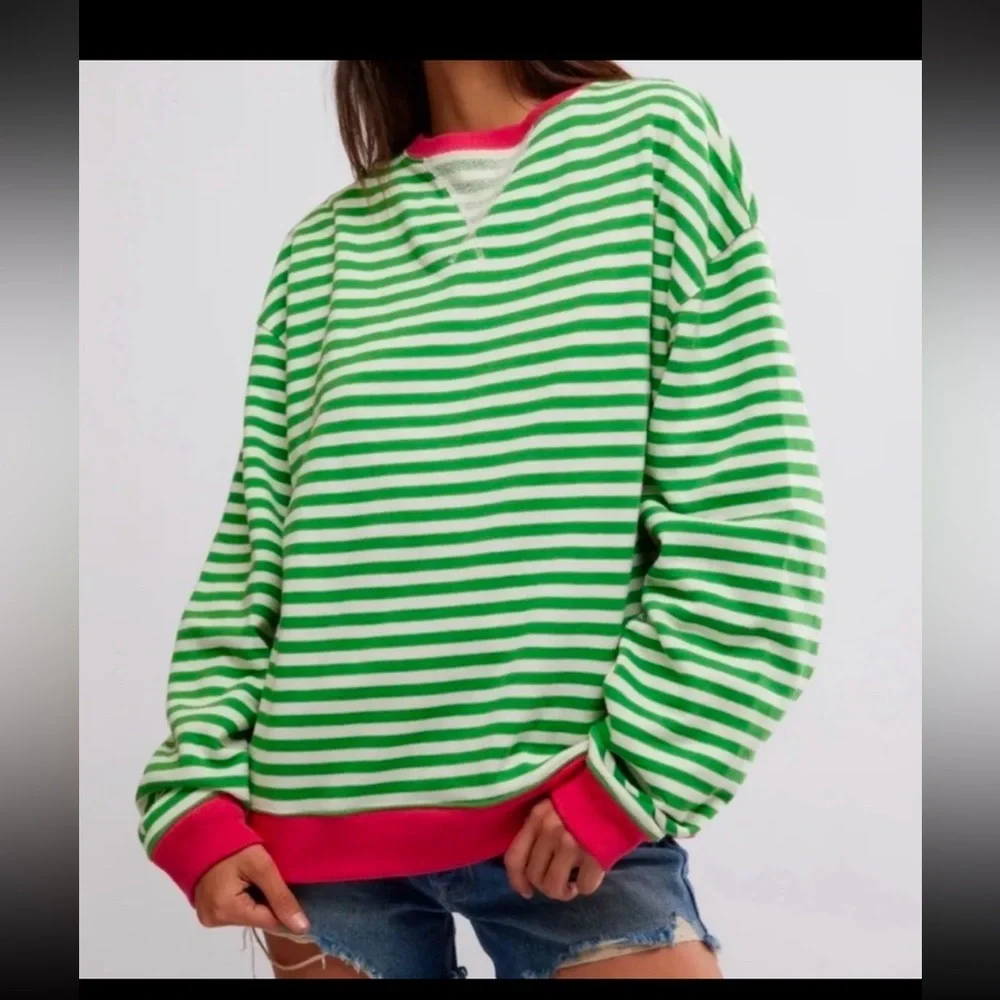NWOT free people Classic Striped Oversized Crewneck - Picture 2 of 11